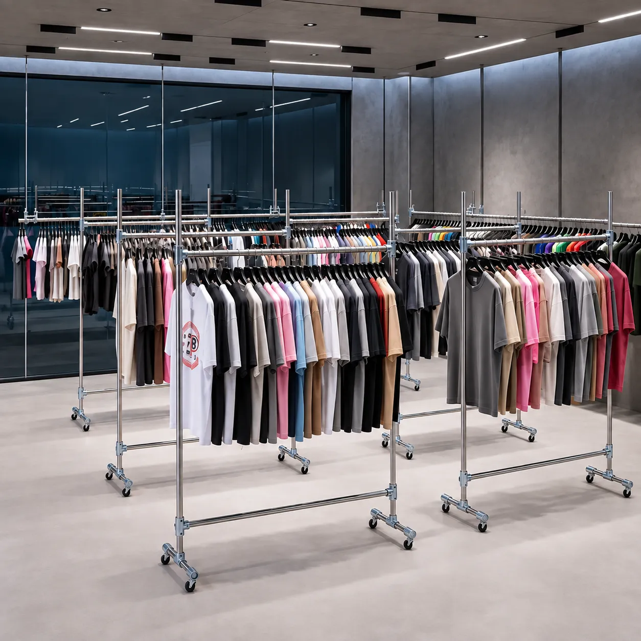 Showroom racks with controlled blank apparel assortment for startup clothing brands