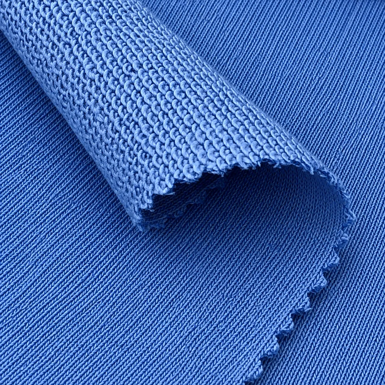 Blue rib knit fabric for collar and cuff development