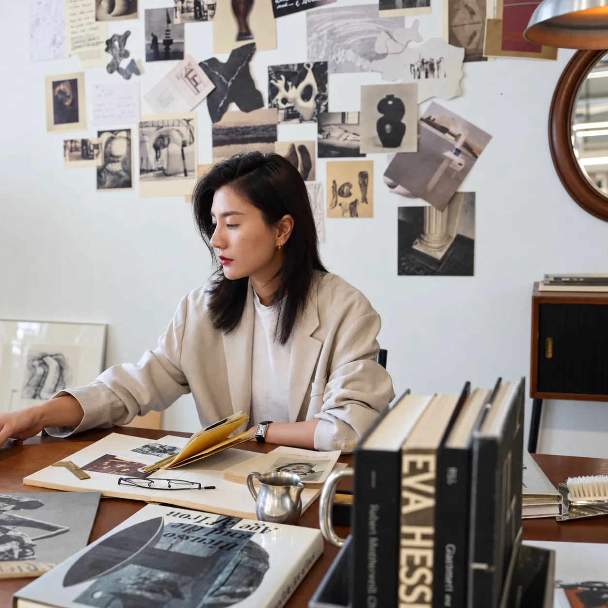 Fashion brand designer reviewing a mood board and product concepts