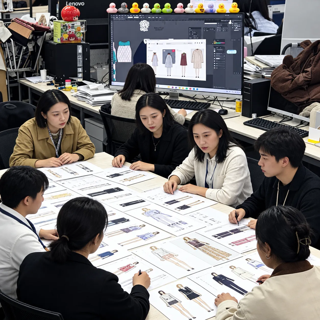 Garment design team reviewing clothing sketches and development references