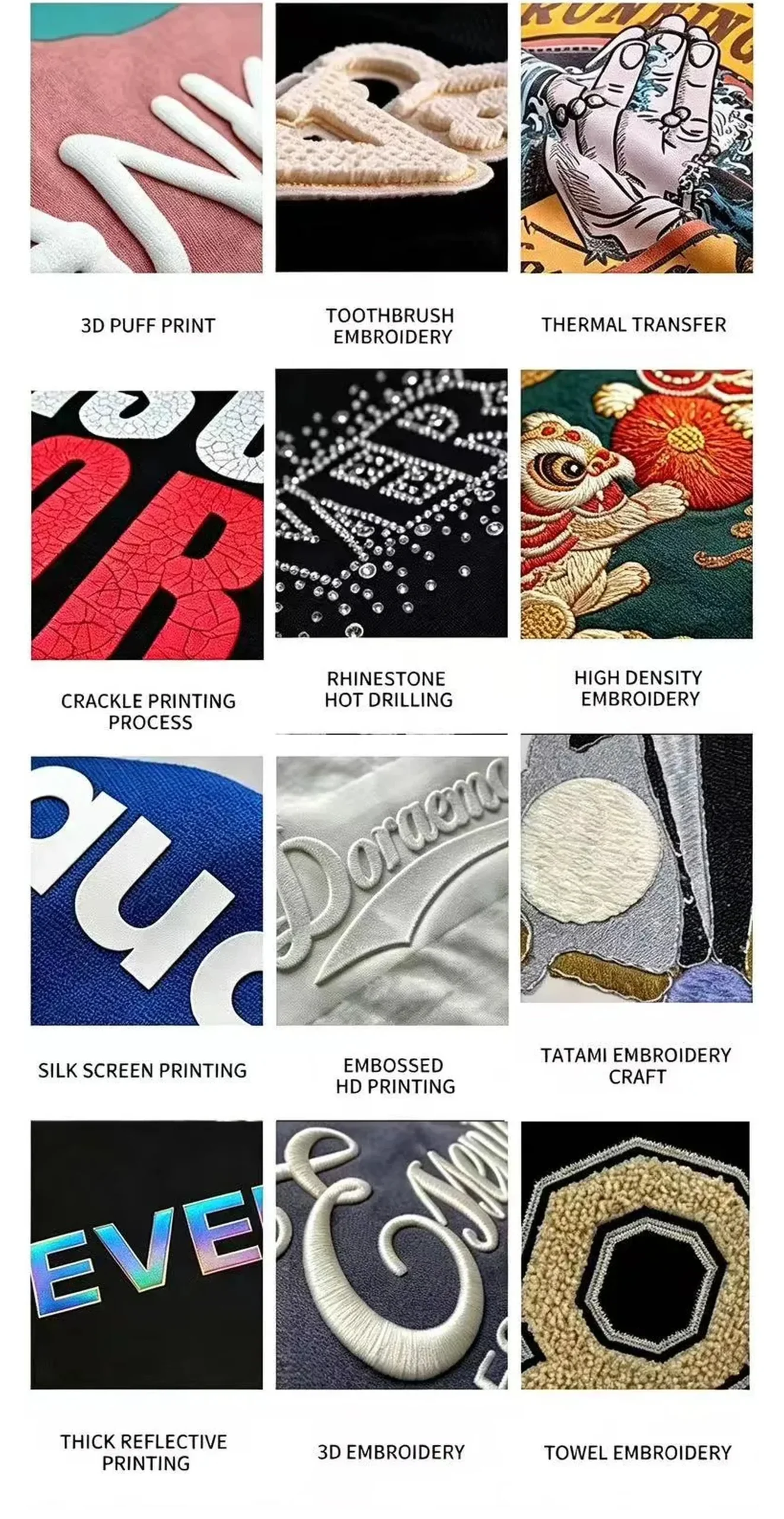 Examples of embroidery puff print screen print and garment decoration techniques