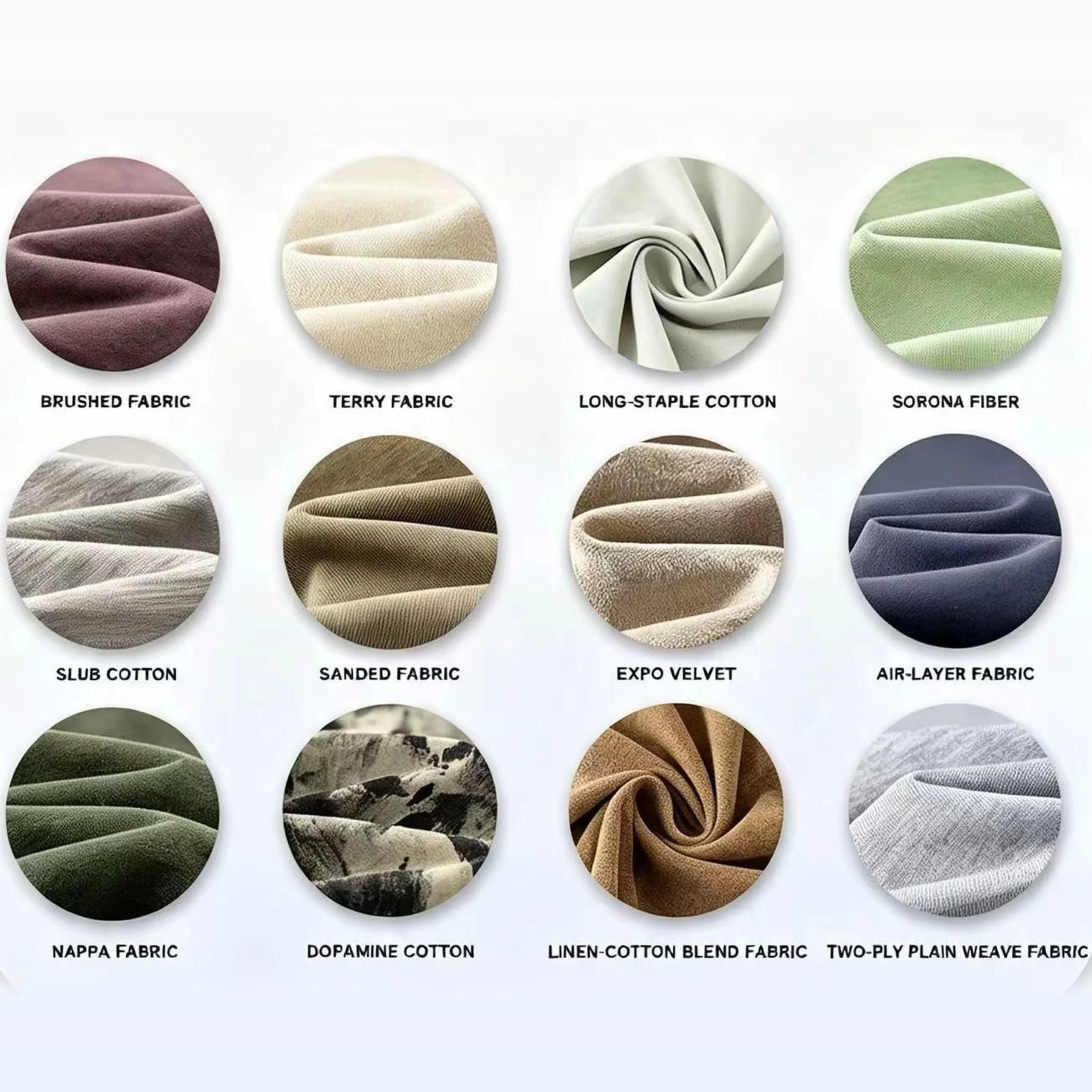 Fabric reference chart showing terry, brushed, cotton and blended fabric textures