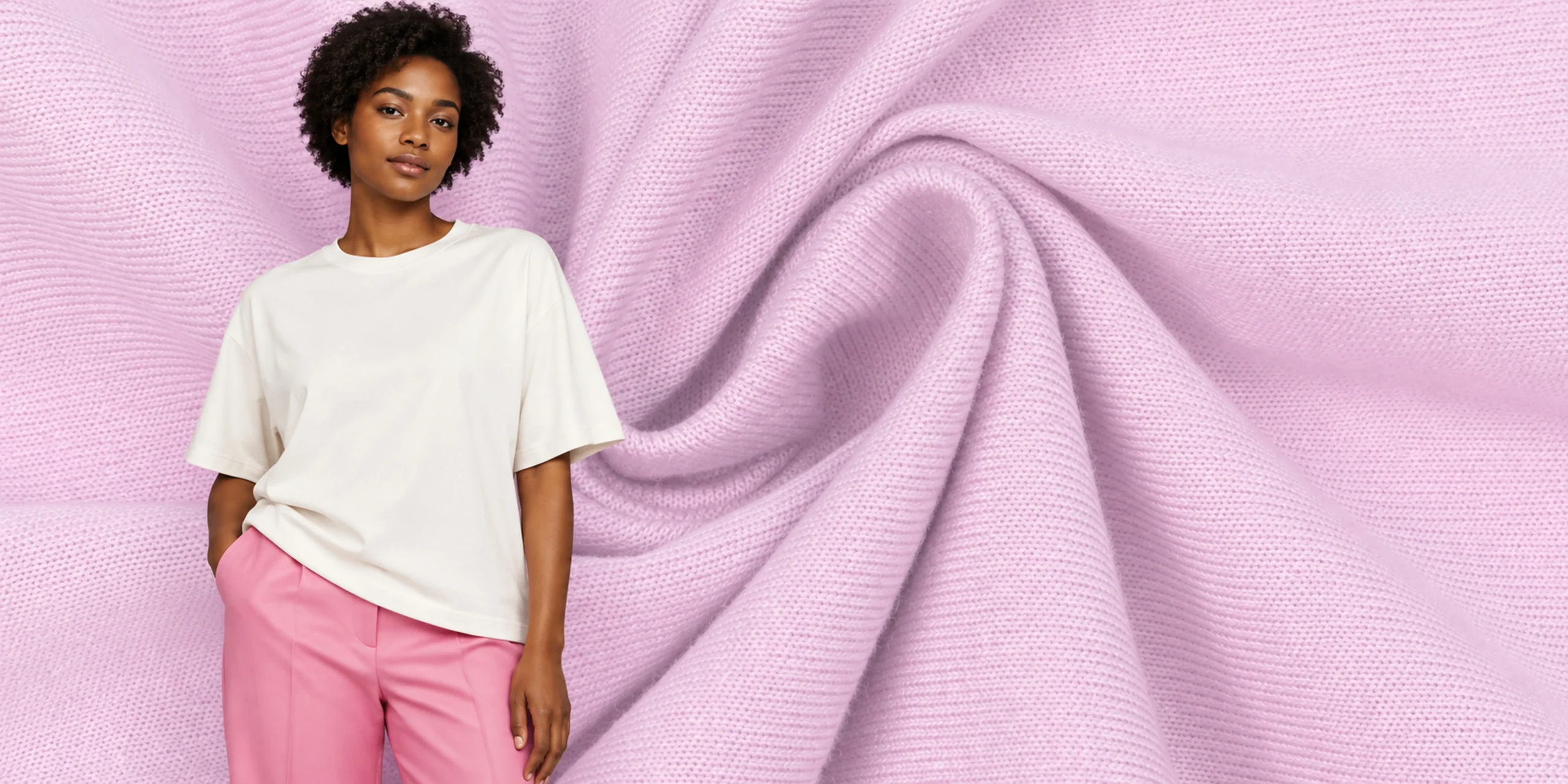 Relaxed white T-shirt with dropped shoulders against a pink fabric background