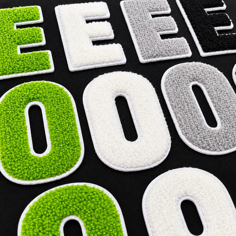 Green white and grey chenille letter patches for custom clothing