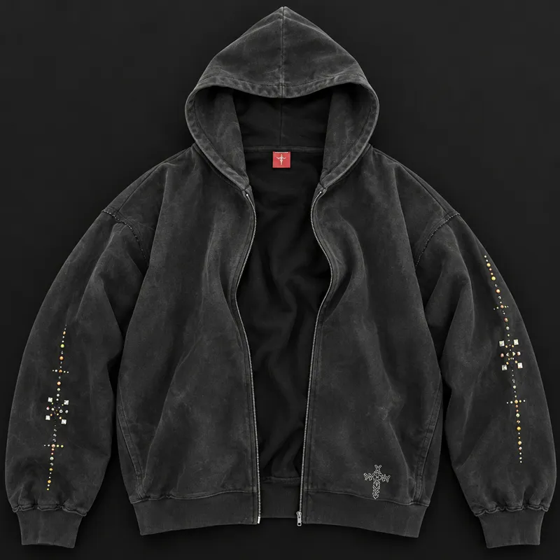 Washed black zip hoodie with sleeve embellishment and embroidered chest emblem