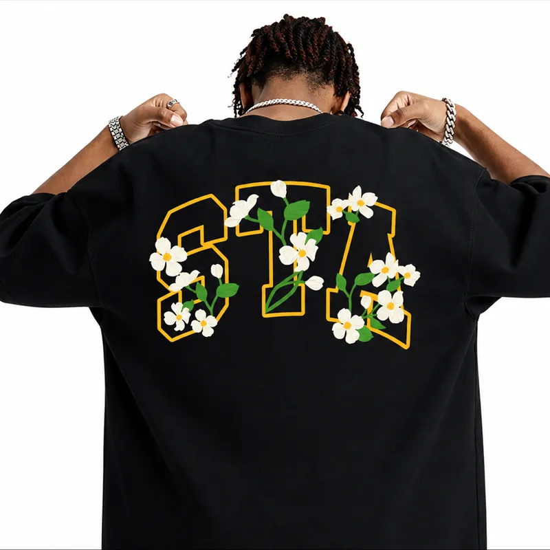 Black T-shirt with a large floral back graphic