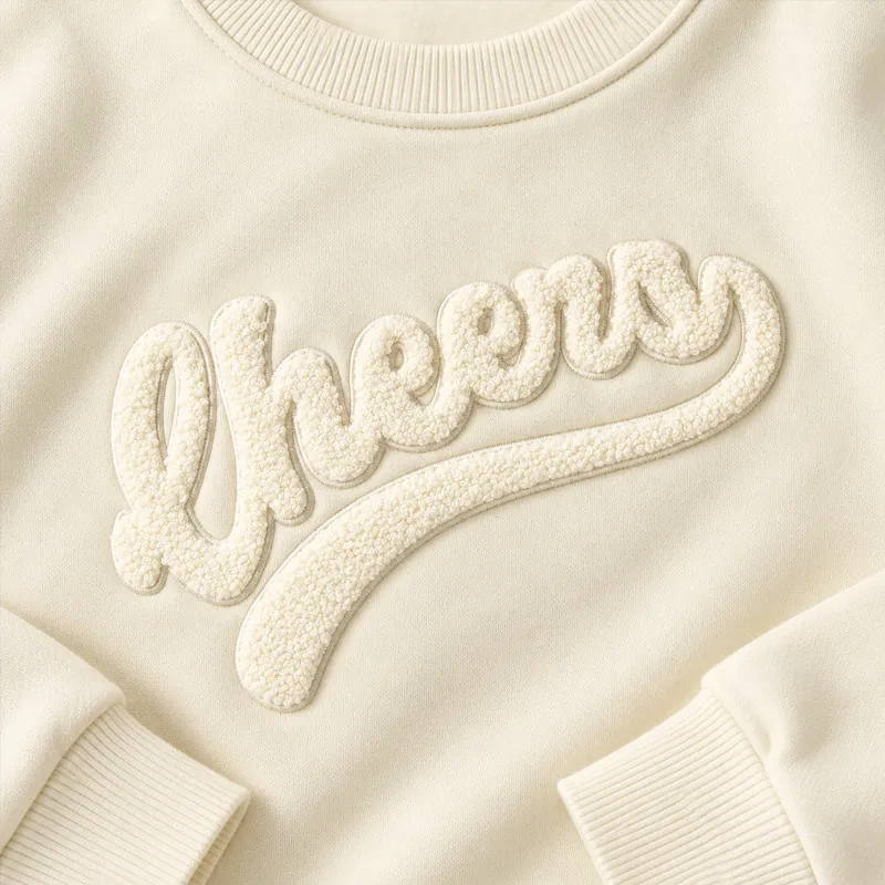 Tonal chenille logo on a cream sweatshirt