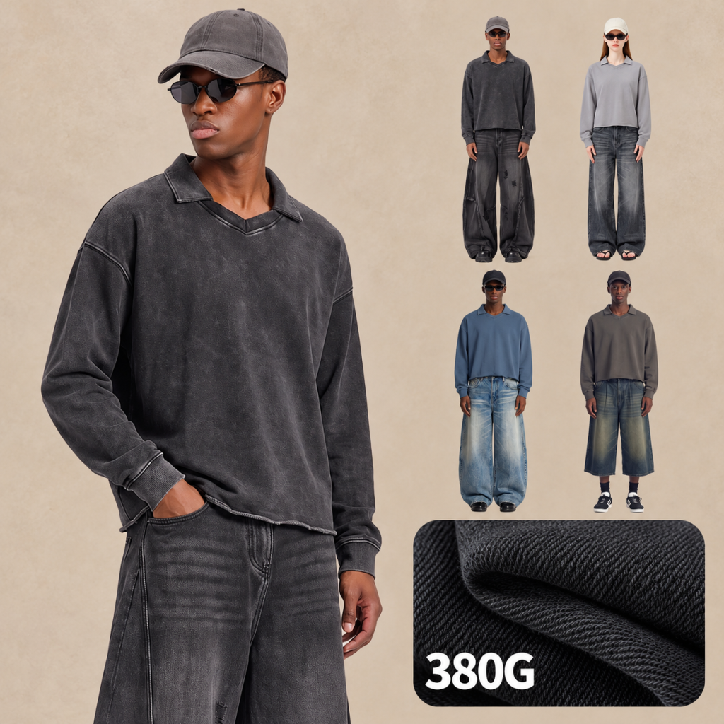 M8338 washed boxy v-neck polo sweatshirt - 380 GSM