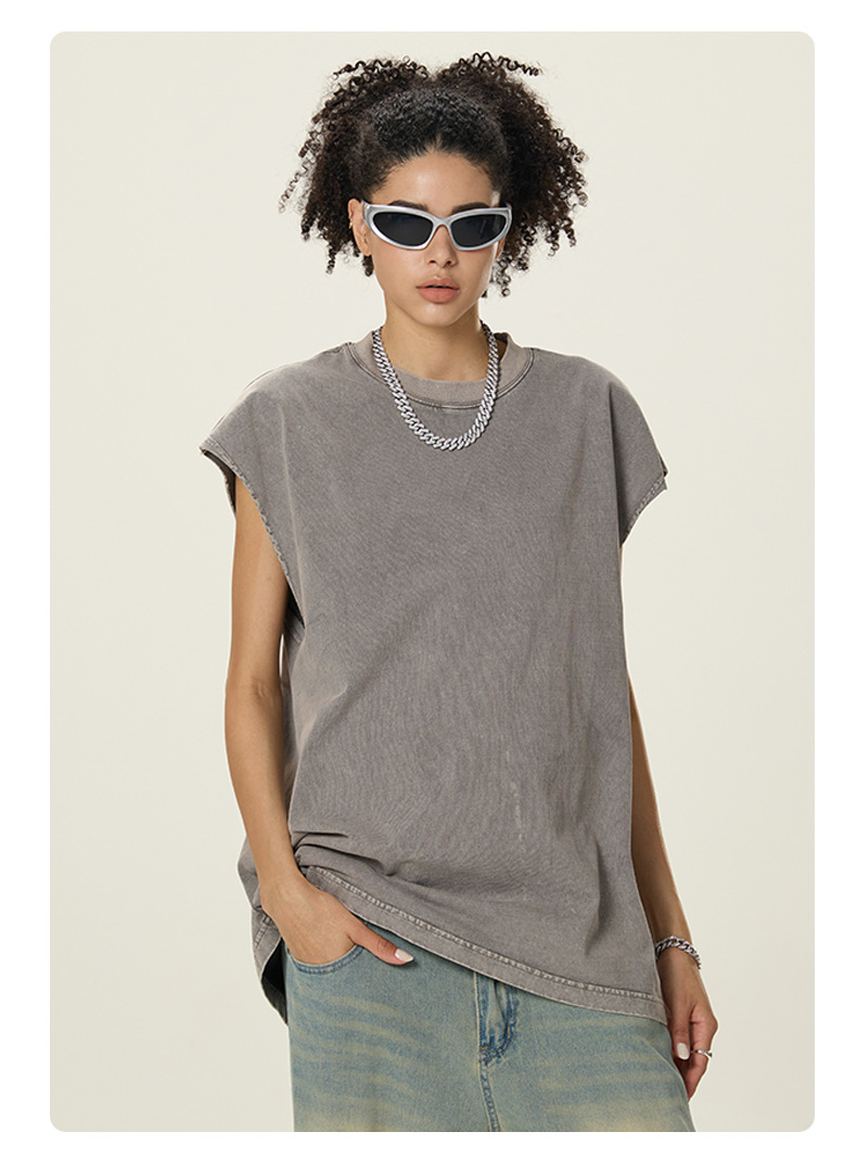 BX8101 washed sleeveless cotton T-shirt in light grey - front view