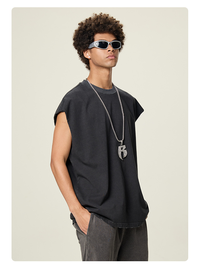 BX8101 washed sleeveless cotton T-shirt in dark grey - side view