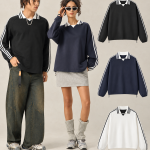 Y6308 380 GSM Cotton Striped-Collar Long-Sleeve Top