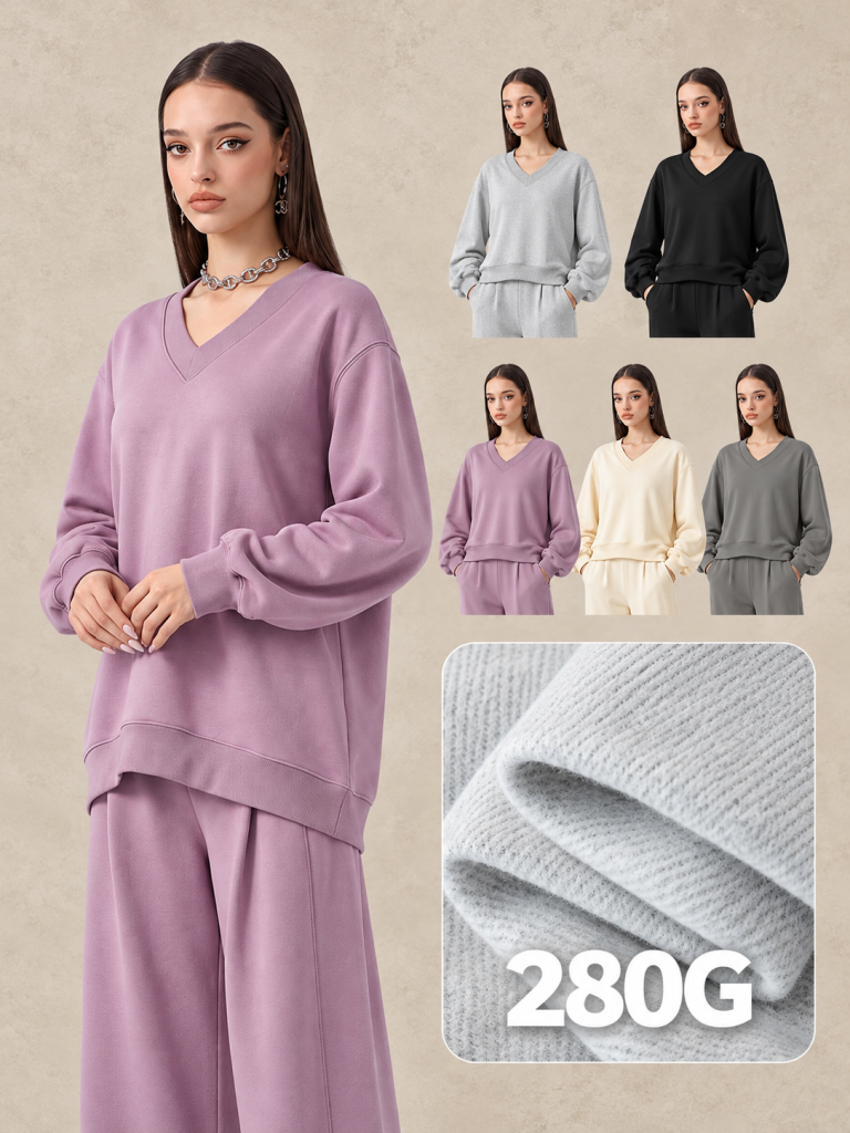 Y6329 v-neck ruched-sleeve sweatshirt - 280 GSM