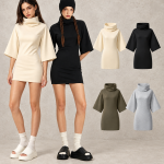 Y6335 210 GSM Cowl-Neck Flared-Sleeve Mini Dress