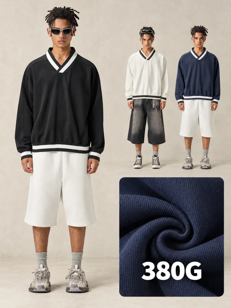 Y6313 cotton contrast v-neck sweatshirt - 380 GSM
