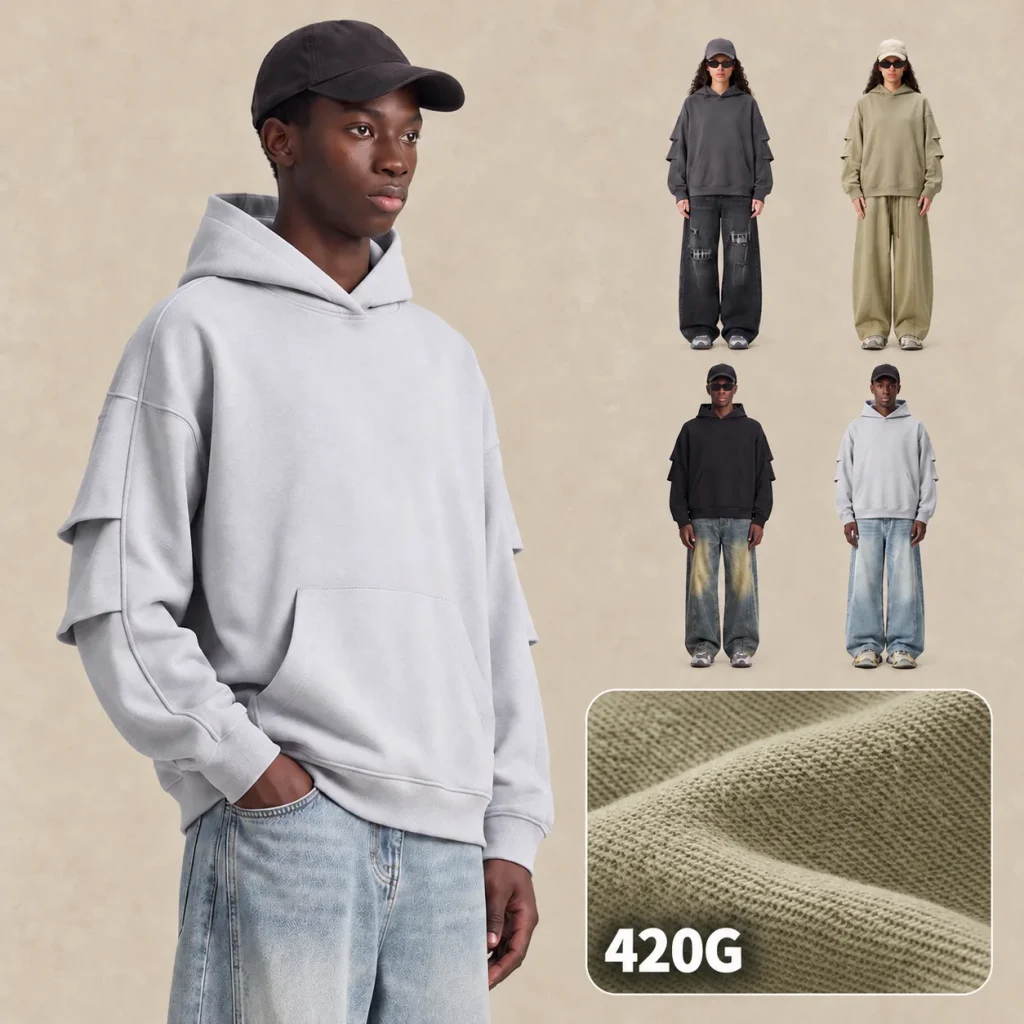 M8331 420 GSM Heavyweight French Terry Hoodie with Stacked Ruched Cuffs