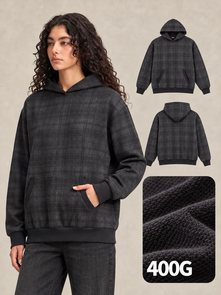 M8336 400 GSM Heavyweight Cotton Plaid French Terry Hoodie