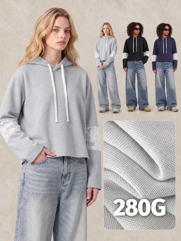 Y6327 280 GSM Boxy Lace-Panel Drawstring Hoodie
