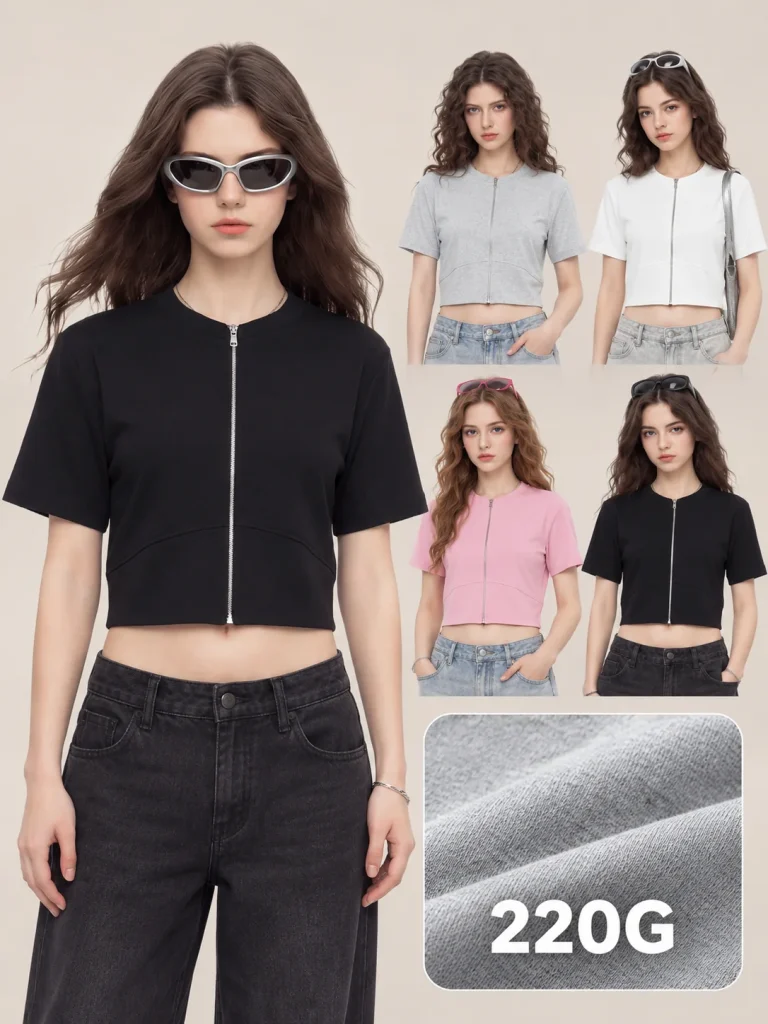 DX8879 220 GSM Stretch Cotton Zip-Front Cropped Top